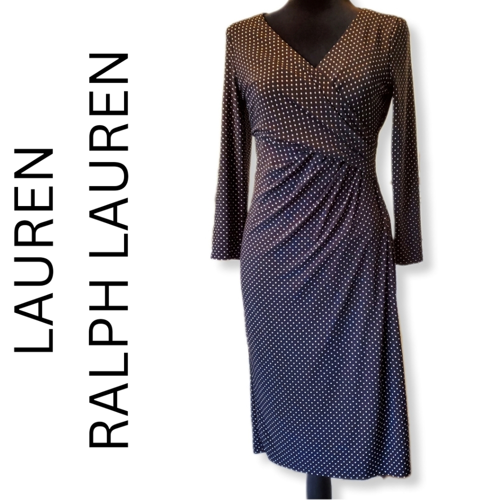 Lauren Ralph Lauren Black with White Polka Dot Faux Wrap Dress Sz 4